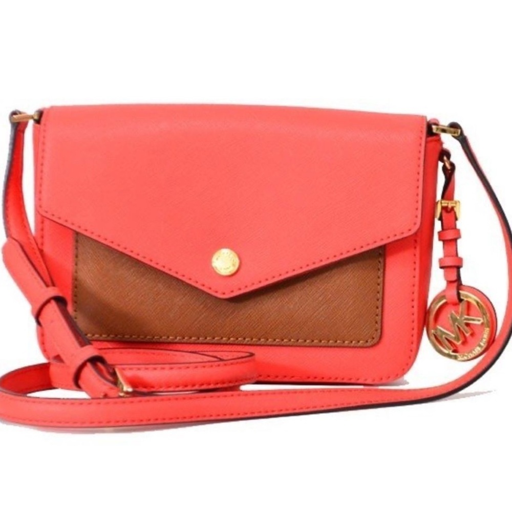 NWOT MICHAEL KORS GREENWICH COLOR POCKET SMALL FLAP CROSSBODY BROWN ORANGE RED